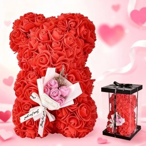 25cm Artificial Rose Bear with Gift Box