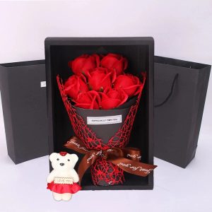 7-Head Rose Bouquet with Little Bear Gift Box – Handmade Gift for Valentine’s Day, Mother’s Day, or Birthday