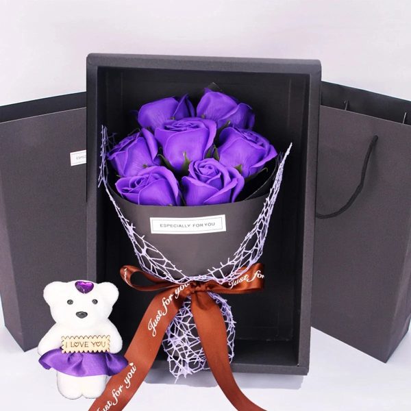 7-Rose Soap Bouquet with Little Bear Gift Box – Creative Gift for Valentine's Day, Mother's Day, Birthday