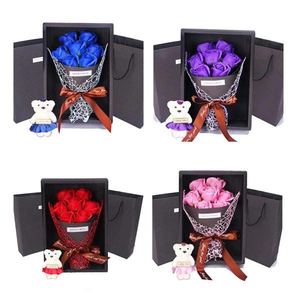 7-Rose Soap Bouquet with Little Bear Gift Box – Creative Gift for Valentine's Day, Mother's Day, Birthday