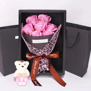 7-Rose Soap Bouquet with Little Bear Gift Box – Creative Gift for Valentine's Day, Mother's Day, Birthday