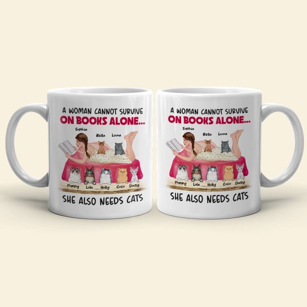 A Woman Cannot Survive On Books Alone, Girl Book Cat White Mug A Woman Cannot Survive On Books Alone, Girl Book Cat White Mug