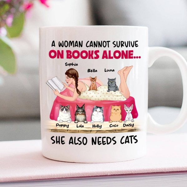 A Woman Cannot Survive On Books Alone, Girl Book Cat White Mug A Woman Cannot Survive On Books Alone, Girl Book Cat White Mug