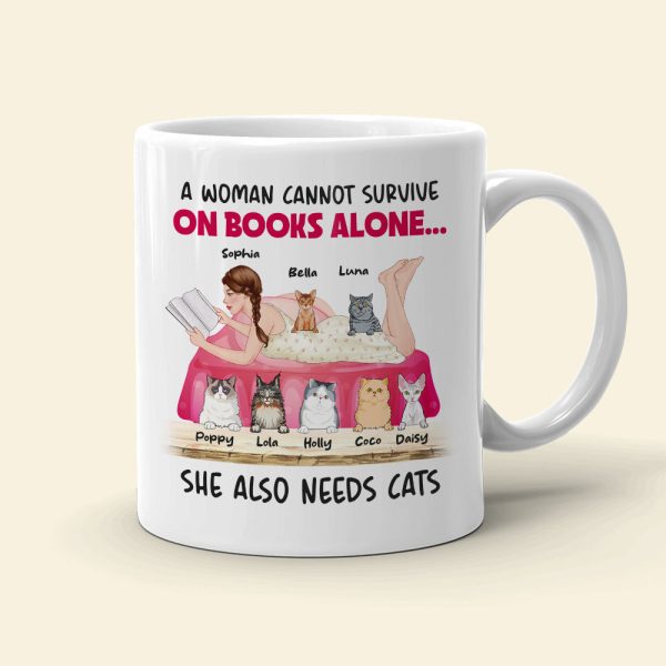 A Woman Cannot Survive On Books Alone, Girl Book Cat White Mug A Woman Cannot Survive On Books Alone, Girl Book Cat White Mug