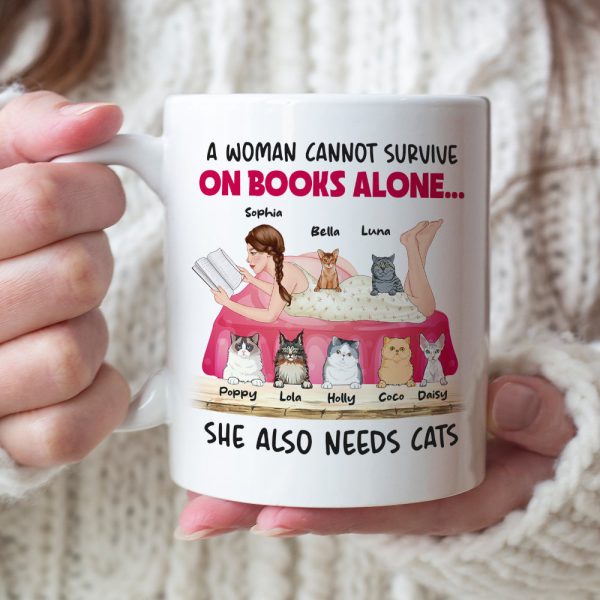 A Woman Cannot Survive On Books Alone, Girl Book Cat White Mug A Woman Cannot Survive On Books Alone, Girl Book Cat White Mug