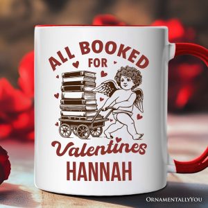 All Booked For Valentines Cupid Personalized Mug, Vintage Funny Bookworm Gift with Custom Name