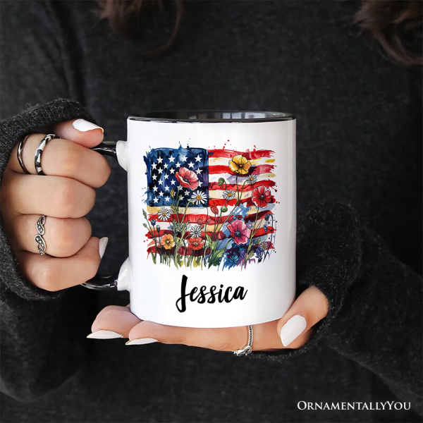 American Flag Floral Wildflower Personalized Mug, Patriotic Boho USA 4th of July Gift with Custom Name American Flag Floral Wildflower Personalized Mug, Patriotic Boho USA 4th of July Gift with Custom Name