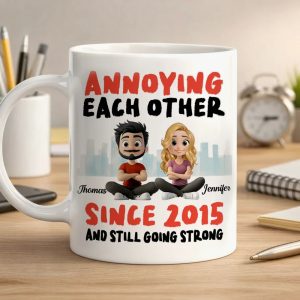 Annoying Each Other Personalized White Ceramic Mug Cute Couple Sitting Illustration Funny Daily Coffee Gift for Couples