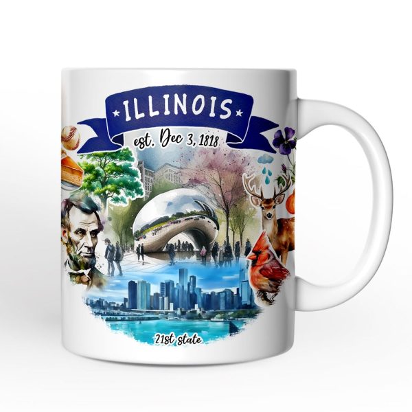 Artistic Illinois State Themes and Landmarks Personalized Mug With Custom Name Artistic Illinois State Themes and Landmarks Personalized Mug With Custom Name