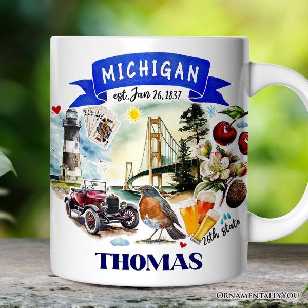 Artistic Michigan State Themes and Landmarks Personalized Mug With Custom Name Artistic Michigan State Themes and Landmarks Personalized Mug With Custom Name
