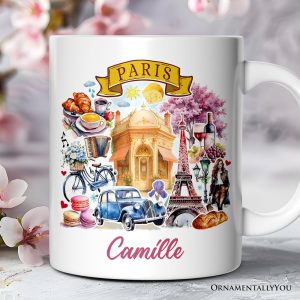 Artistic Paris Culture and Landmarks Personalized Mug, Classical France Gift and Souvenir with Custom Name