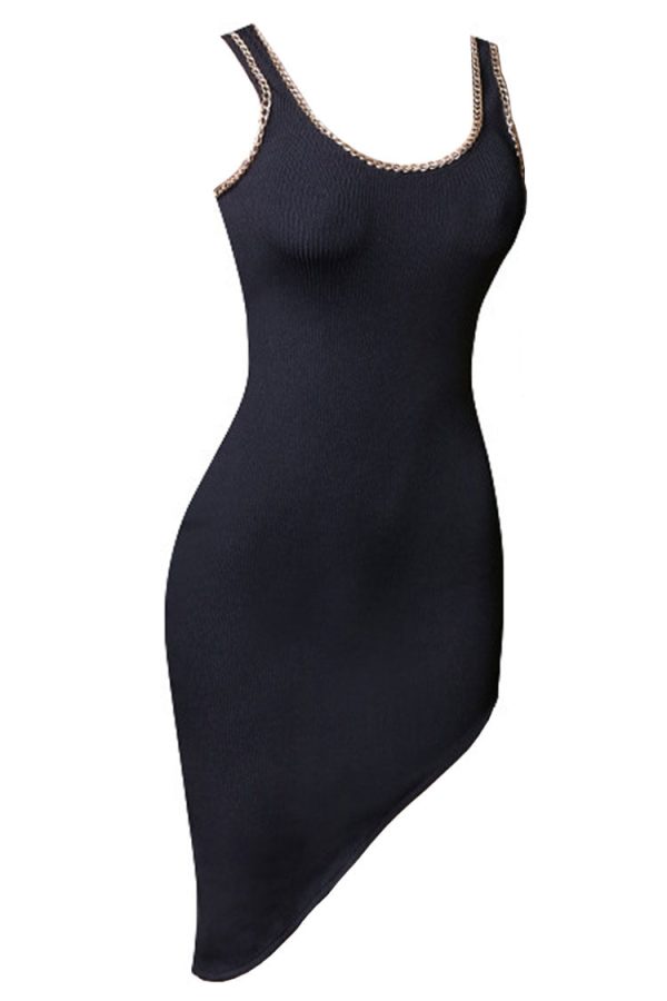 Asymmetric Chain Detail Sleeveless Bandage Party Dress - Black Asymmetric Chain Detail Sleeveless Bandage Party Dress - Black