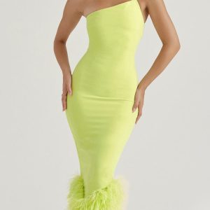 Asymmetric Neckline Feather Trim Midi Dress