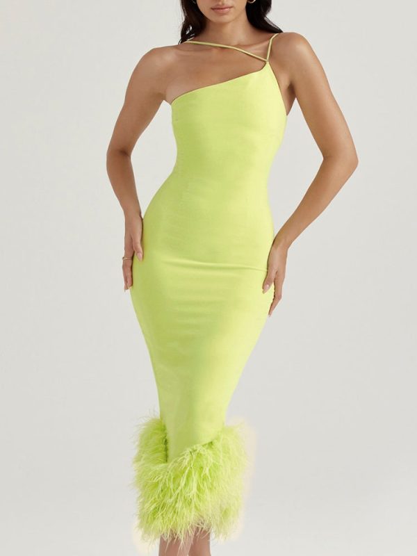 Asymmetric Neckline Feather Trim Midi Dress Asymmetric Neckline Feather Trim Midi Dress