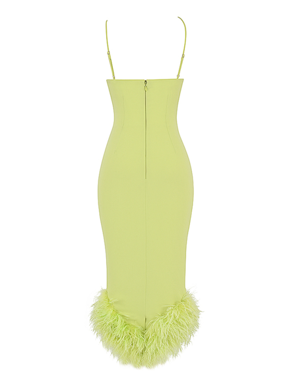 Asymmetric Neckline Feather Trim Midi Dress Asymmetric Neckline Feather Trim Midi Dress