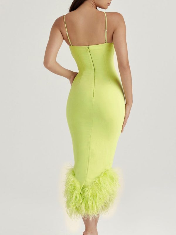 Asymmetric Neckline Feather Trim Midi Dress Asymmetric Neckline Feather Trim Midi Dress