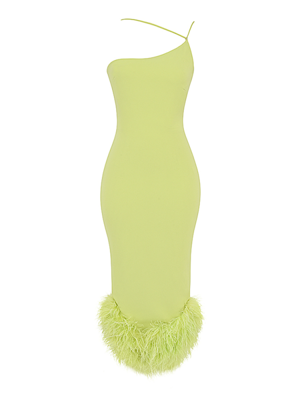 Asymmetric Neckline Feather Trim Midi Dress Asymmetric Neckline Feather Trim Midi Dress