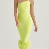 Asymmetric Neckline Feather Trim Midi Dress Asymmetric Neckline Feather Trim Midi Dress