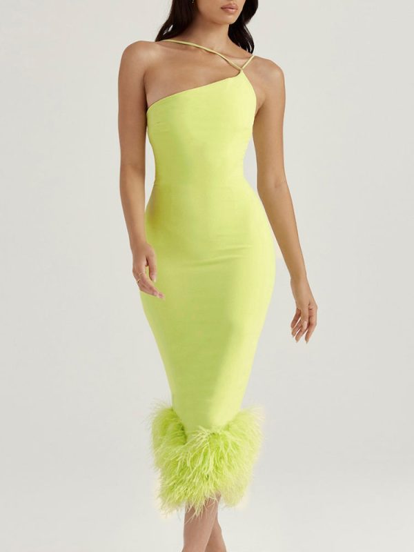 Asymmetric Neckline Feather Trim Midi Dress Asymmetric Neckline Feather Trim Midi Dress