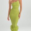 Asymmetric Neckline Feather Trim Midi Dress Asymmetric Neckline Feather Trim Midi Dress