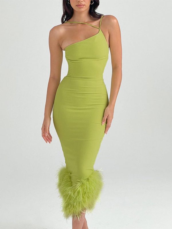 Asymmetric Neckline Feather Trim Midi Dress Asymmetric Neckline Feather Trim Midi Dress