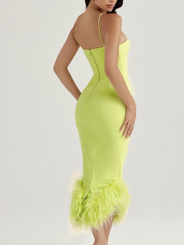 Asymmetric Neckline Feather Trim Midi Dress Asymmetric Neckline Feather Trim Midi Dress