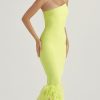 Asymmetric Neckline Feather Trim Midi Dress Asymmetric Neckline Feather Trim Midi Dress
