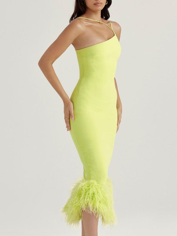 Asymmetric Neckline Feather Trim Midi Dress Asymmetric Neckline Feather Trim Midi Dress