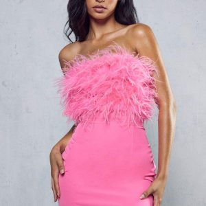 Asymmetrical Faux Feather Trim Cutout Back Strapless Party Mini Dress - Rose