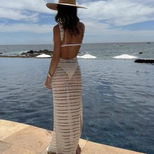 Backless Hollow Knit Split Maxi Dresses