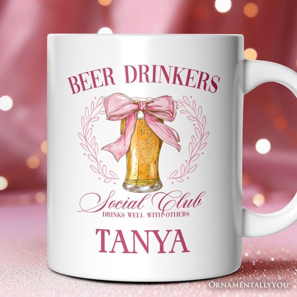 Beer Drinkers Social Club Personalized Mug, Coquette Pink Bow Gift with Custom Name for Girly Summer Bachelorette Vibes Beer Drinkers Social Club Personalized Mug, Coquette Pink Bow Gift with Custom Name for Girly Summer Bachelorette Vibes