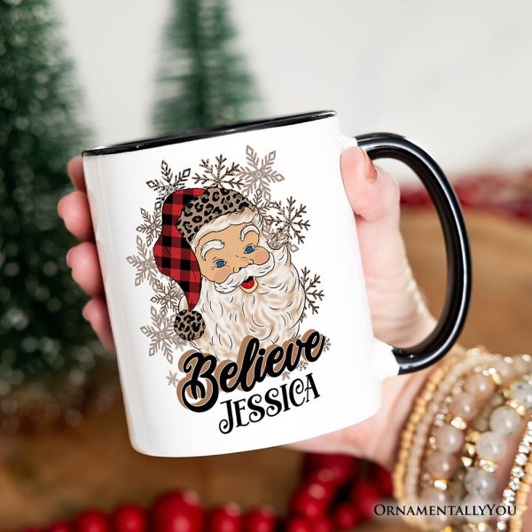 Believe Santa Buffalo Plaid Personalized Mug, Retro Christmas Gift with Custom Name Believe Santa Buffalo Plaid Personalized Mug, Retro Christmas Gift with Custom Name