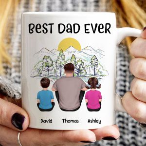 Best Dad Ever Mountain Sketch Back View Man Kids Dog Cat Personalized Mug