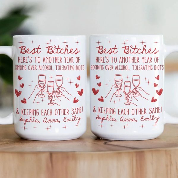 Besties White Ceramic Mug Personalized with Funny Quote, Cute Wine Glass Art, Perfect Unique Gift for Friends and Coworkers Besties White Ceramic Mug Personalized with Funny Quote, Cute Wine Glass Art, Perfect Unique Gift for Friends and Coworkers
