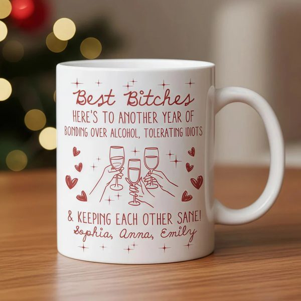Besties White Ceramic Mug Personalized with Funny Quote, Cute Wine Glass Art, Perfect Unique Gift for Friends and Coworkers Besties White Ceramic Mug Personalized with Funny Quote, Cute Wine Glass Art, Perfect Unique Gift for Friends and Coworkers