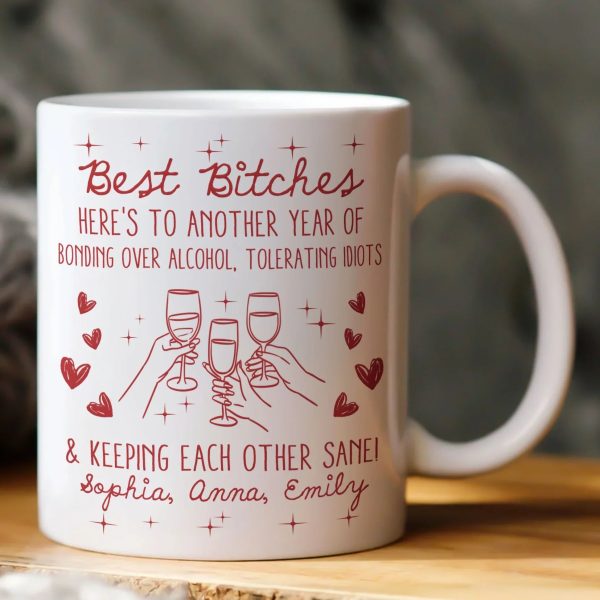 Besties White Ceramic Mug Personalized with Funny Quote, Cute Wine Glass Art, Perfect Unique Gift for Friends and Coworkers Besties White Ceramic Mug Personalized with Funny Quote, Cute Wine Glass Art, Perfect Unique Gift for Friends and Coworkers