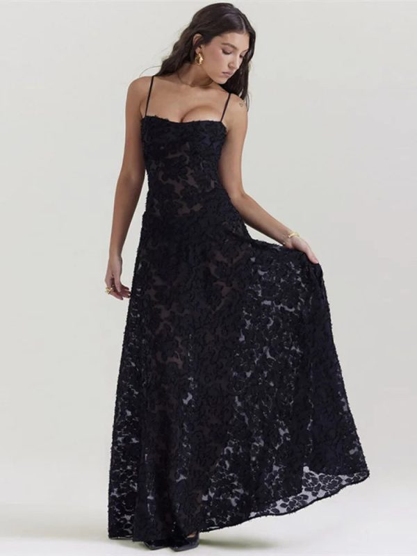 Black Embroidered Sheer Strappy Maxi Dress Black Embroidered Sheer Strappy Maxi Dress