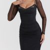 Black Mesh Long Sleeves Lace Trim Maxi Dress Black Mesh Long Sleeves Lace Trim Maxi Dress