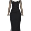 Black Mesh Long Sleeves Lace Trim Maxi Dress Black Mesh Long Sleeves Lace Trim Maxi Dress