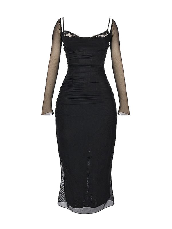 Black Mesh Long Sleeves Lace Trim Maxi Dress Black Mesh Long Sleeves Lace Trim Maxi Dress