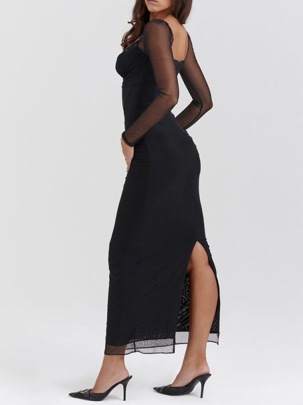 Black Mesh Long Sleeves Lace Trim Maxi Dress Black Mesh Long Sleeves Lace Trim Maxi Dress