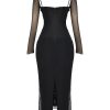 Black Mesh Long Sleeves Lace Trim Maxi Dress Black Mesh Long Sleeves Lace Trim Maxi Dress