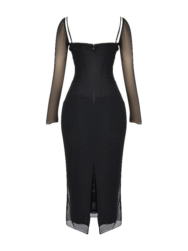Black Mesh Long Sleeves Lace Trim Maxi Dress Black Mesh Long Sleeves Lace Trim Maxi Dress