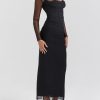 Black Mesh Long Sleeves Lace Trim Maxi Dress Black Mesh Long Sleeves Lace Trim Maxi Dress