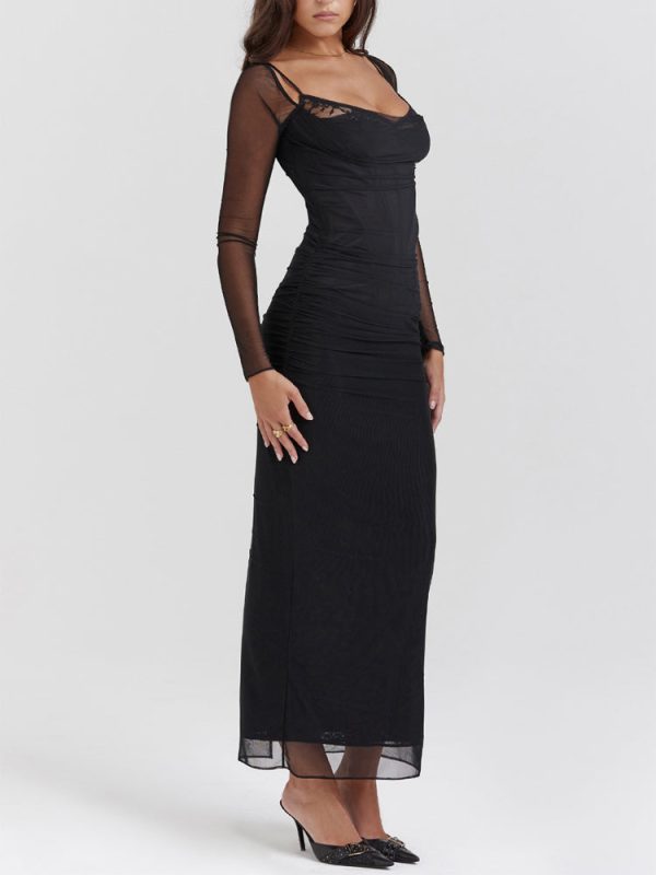 Black Mesh Long Sleeves Lace Trim Maxi Dress Black Mesh Long Sleeves Lace Trim Maxi Dress