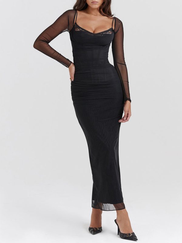 Black Mesh Long Sleeves Lace Trim Maxi Dress Black Mesh Long Sleeves Lace Trim Maxi Dress