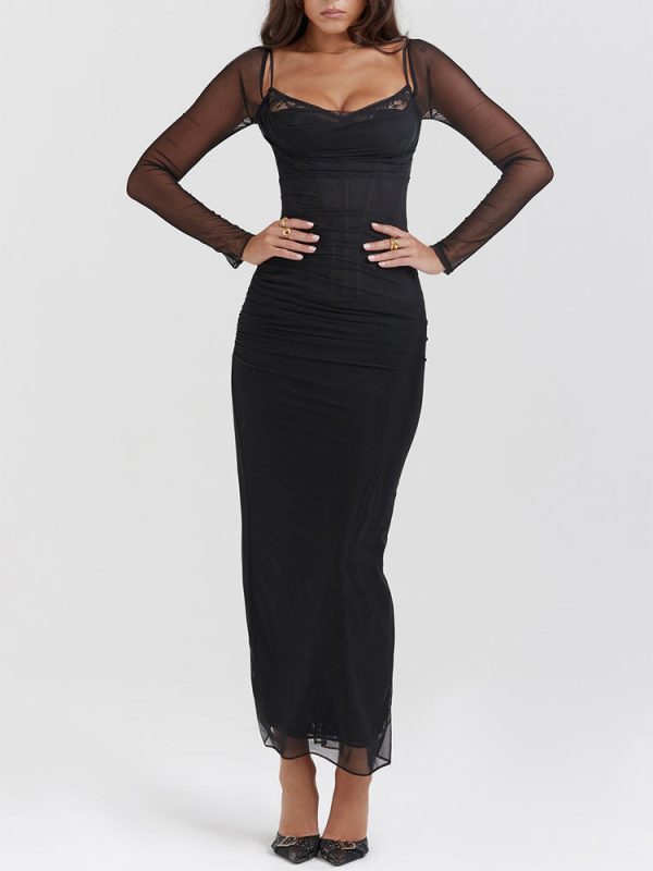 Black Mesh Long Sleeves Lace Trim Maxi Dress Black Mesh Long Sleeves Lace Trim Maxi Dress
