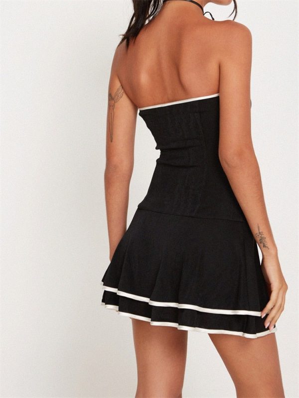 Black Tube Frill White Trim Mini Dress Black Tube Frill White Trim Mini Dress