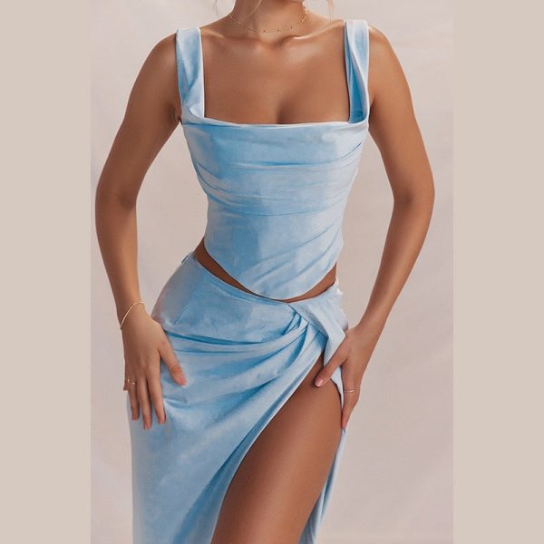 Blue Corset Top And Slit Maxi Skirt Set Blue Corset Top And Slit Maxi Skirt Set
