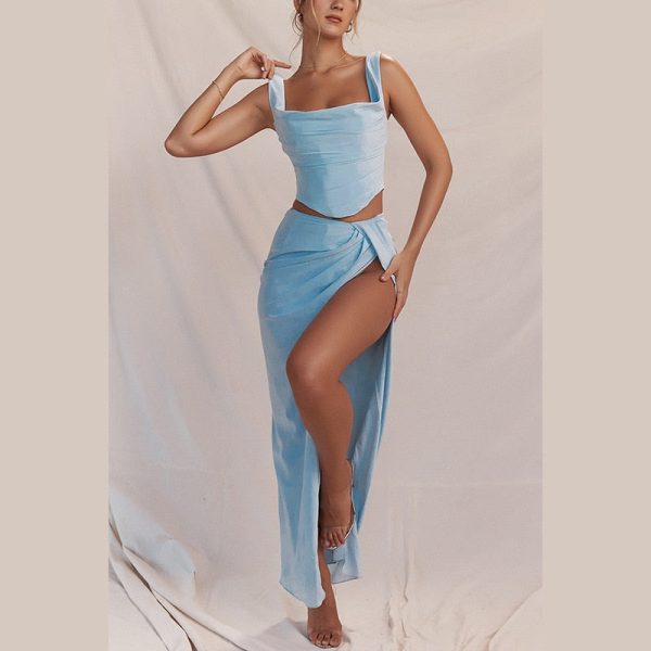 Blue Corset Top And Slit Maxi Skirt Set Blue Corset Top And Slit Maxi Skirt Set